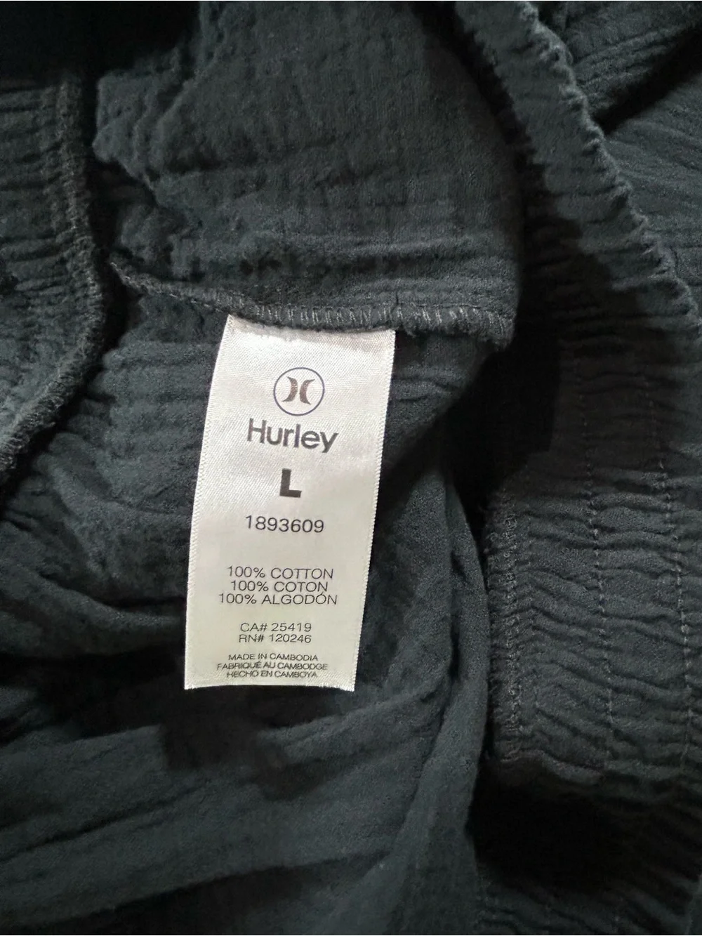Hurley Women's Pants Wide Leg Gauze Cotton Black Large Elastic Waist Resortwear